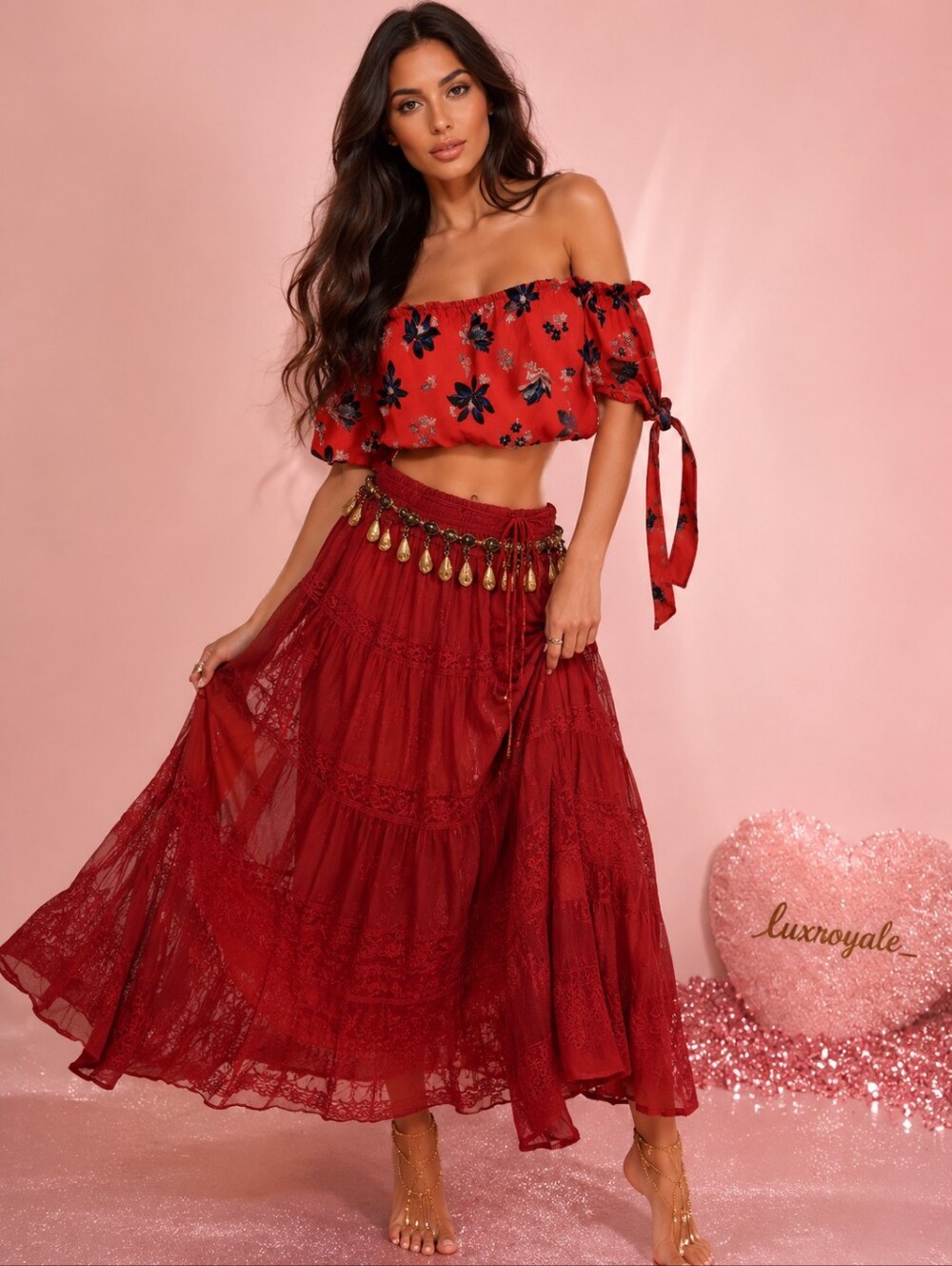 Gypsies & Moondust Red Floral Off Shoulder Boho Peasant Top Medium M